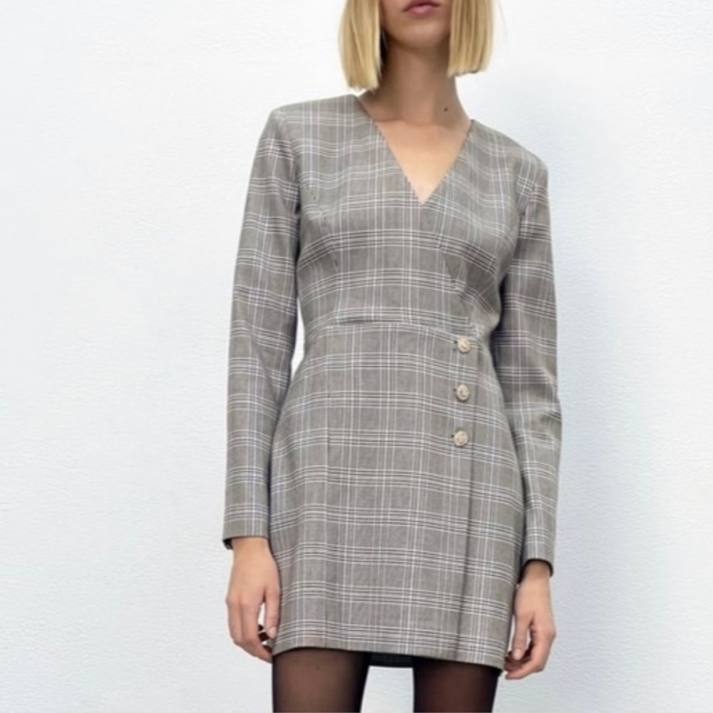Zara Black White Plaid V-Neck Wrap Blazer Inspired Mini Dress Size Medium